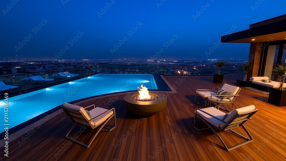 Fototapeta premium Luxury rooftop terrace with infinity pool, teak wood deck, modern fire pit, designer lounge chairs, nighttime ambient lighting, cinematic angle