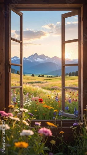 An open wooden window reveals a breathtaking panorama of a flower-filled meadow and majestic mountains under a soft sky.
