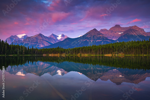 Фотография Dramatic Sunset Reflection of Mount Temple at Herbert Lake, Banff National Park,