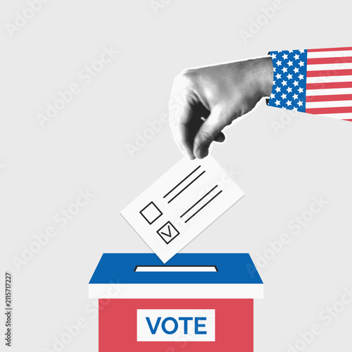 USA vote collage poster with copy space. Paper cut out halftone hand put ballot in Voting box. Election mixed media template. Vector illustration with national flag pattern.
