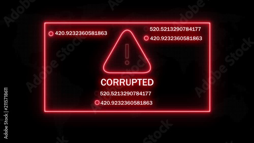 Cyber security alert warning sign with corrupted data system error message featuring glowing neon red digital interface and abstract mathematical coordinates for high-tech network failure concepts