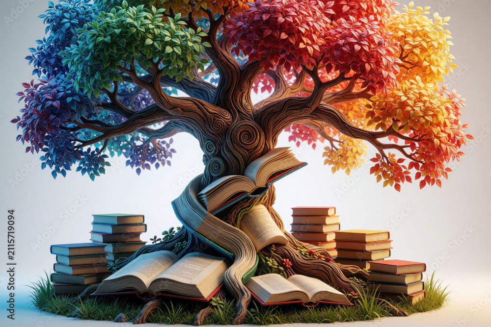 Obraz premium Abstract tree with colorful leaves entwined with open books symbolizing knowledge growth. Stacked books at base suggest learning foundation. Whimsical artwork ideal for educational themes.