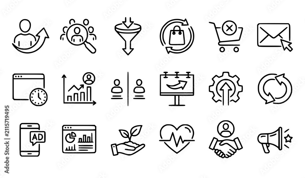 Fototapeta premium Digital Marketing and Customer Retention Line Art Icon Set with Conversion Funnel Cart Abandonment Billboard Advertising and Business Growth Vector Illustrations