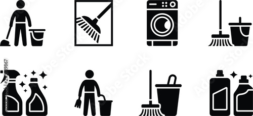 Cleaning service and housekeeping icon set featuring washing machine spray bottles mop bucket and stick figures vector illustration