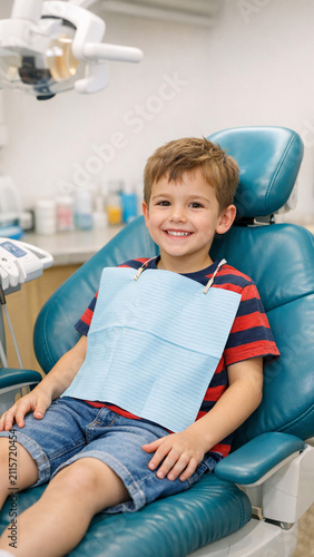 Smiling young boy sitting in a dental chair, receiving a dental check-up or cleaning. Oral health care is essential for children.