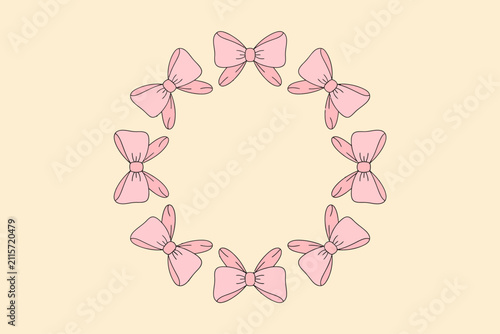 Foto Un marco circular hecho de lindos lazos rosas dibujados a mano sobre un suave fo
