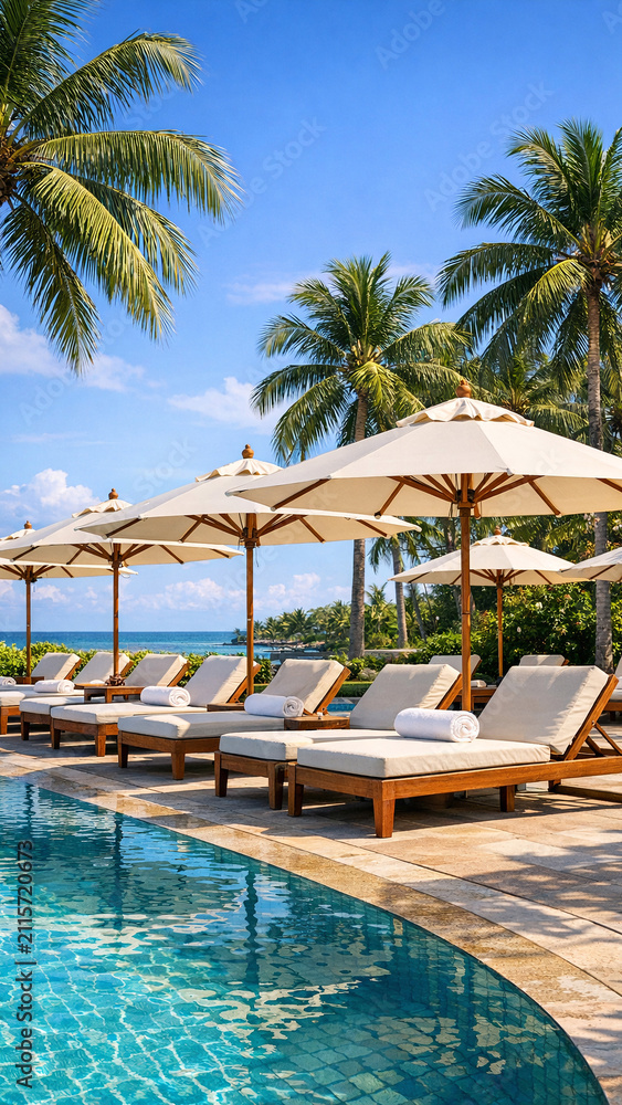 Fototapeta premium A serene beach resort with a tranquil poolside area. Lounge under the sun umbrellas or relax on the plush lounge chairs.