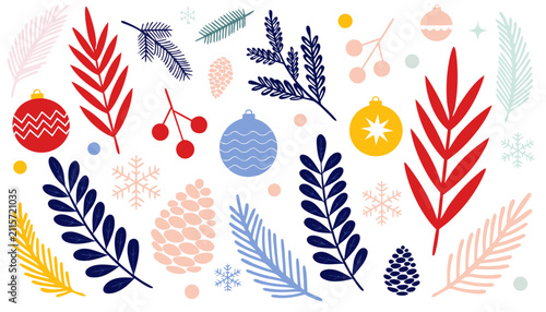 Quadro su tela Festive winter botanical elements set featuring decorative ornaments pine cones