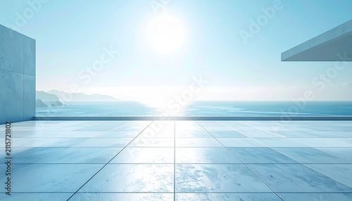 Minimal Blue Seaside Terrace with Bright Summer Sun and Ocean View