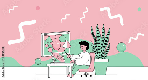 Minimalist workplace with computer monitor and laptop on pink background
