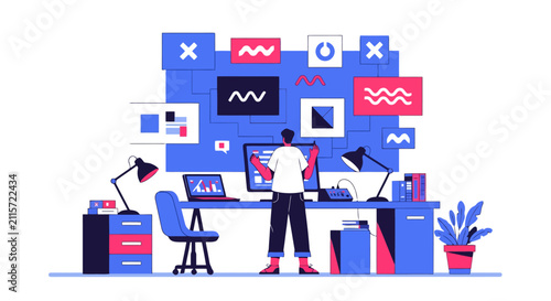 Modern office workspace with computer displaying business charts and icons