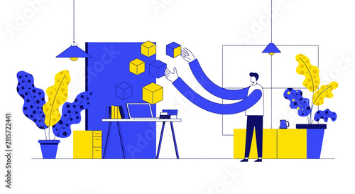 Modern office workspace with abstract yellow and blue interior decor elements