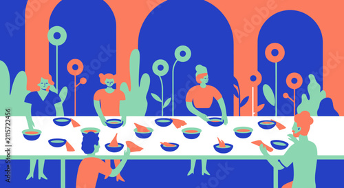 People eating together at a communal dining table in a minimalist style