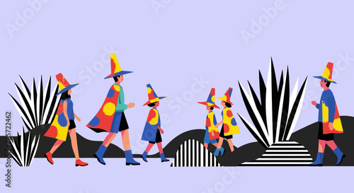 People in colorful pointed hats and cloaks walking in a desert landscape