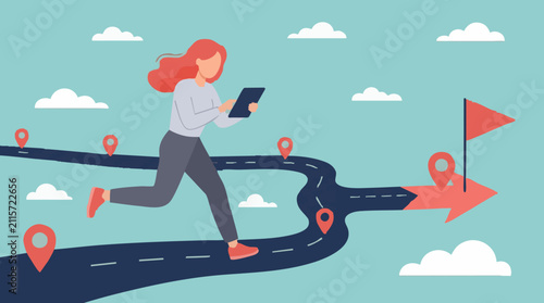 Bild auf Leinwand Woman navigating a path to a flag goal using a tablet, success concept