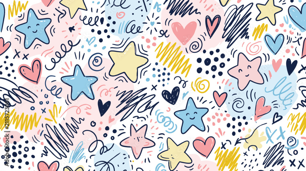 Fototapeta premium Abstract doodle background pattern with cute stars, hearts, and scribbles