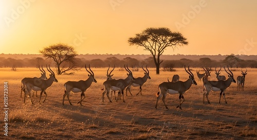 Herd of impala antelopes walking across the dry African savanna during a golden sunset with acacia trees silhouetted against the warm glowing horizon in the vast wilderness expanse