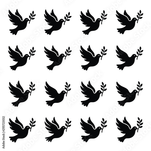Fotografie Silhouettes of flying doves carrying olive branches a symbol of peace and hope o