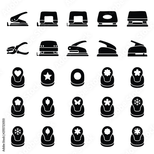 Set of decorative paper puncher and office hole punch silhouettes with scrapbooking stationery silhouette creative snowflake collection equipment crafting stationary supplies paperwork
