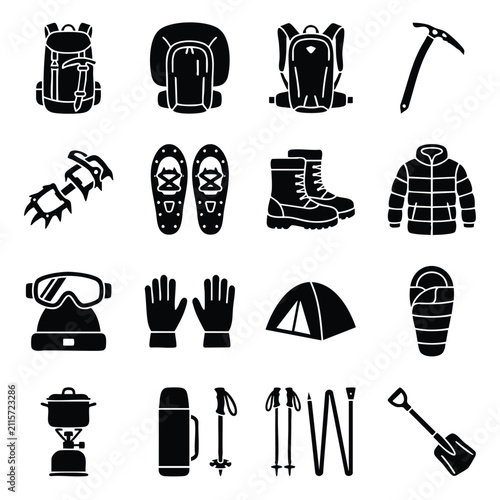Foto Essential hiking and winter mountaineering gear silhouette icons with backpack m