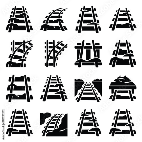Set of railroad tracks and train rail icons with railroad ties railway track transport infrastructure perspective transportation silhouette industrial logistics junction sleepers