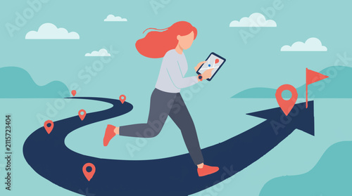 Картината върху платно Woman navigating a winding path with a tablet towards a goal flag