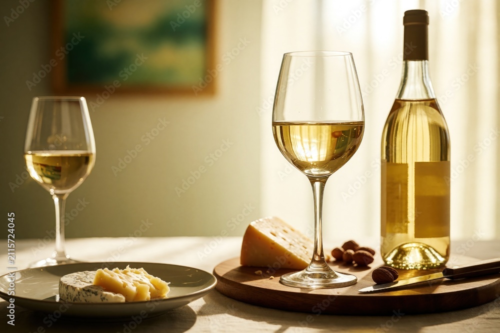 Obraz premium Glass of cold white wine stands on wooden board beside piece of hard cheese. Plate holds sliced brie snack. Romantic date dinner setting on table with almonds. Light morning sun shines through window