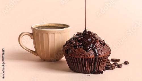 Delicious chocolate muffin with pouring chocolate glaze and a cup of black coffee on a beige background