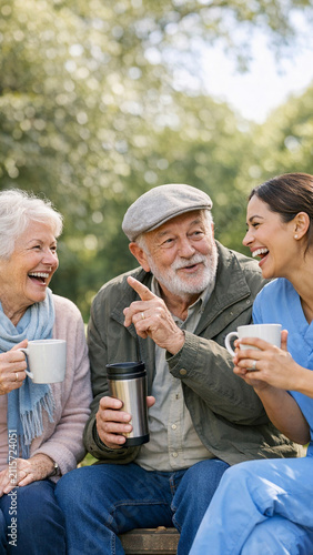 Elderly friends having a good laugh together, enjoying each other's company and coffee outdoors.