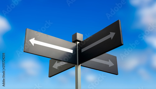 Black directional arrow signpost against vibrant blue sky clouds