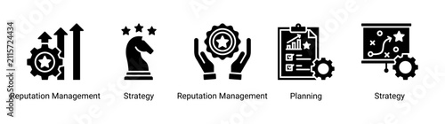 Modern Reputation Strategy icon set featuring planning, reputation management, business development, strategic analysis, and growth concepts.