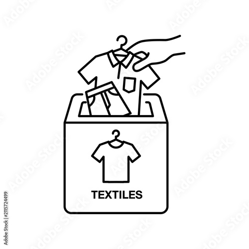 Quadro su tela Simple line art icon of a hand placing a shirt and pants into a dedicated 'TEXTILES' recycling bin