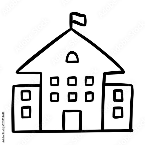 Hand drawn outline school building icon isolated on white background.