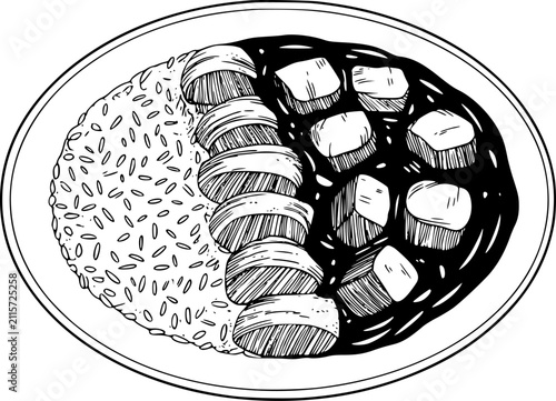 Принти на полотні Dibujo a mano de un plato de arroz con curry japonés con chuleta de cerdo rebana