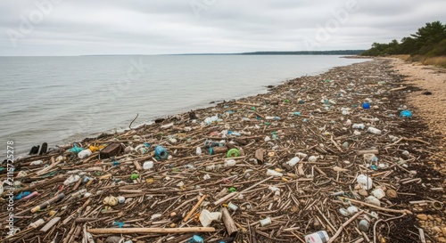 Overwhelming accumulation of plastic pollution and natural debris covering a sandy beach shoreline
