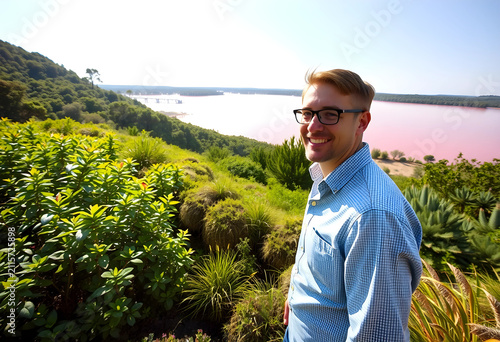 Smiling man in glasses stan...