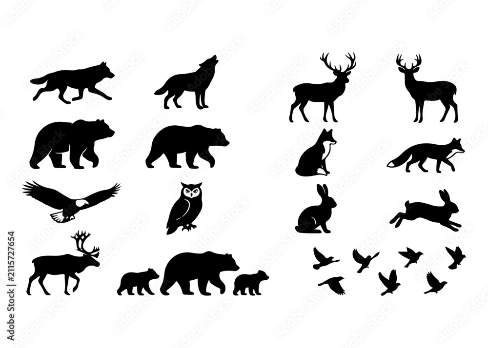 Fototapeta premium Black forest animal silhouettes set, wild woodland wildlife icons collection, 15 nature elements including bear, wolf, deer and eagle