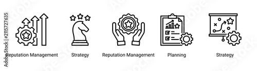 Modern Reputation Strategy icon set featuring planning, reputation management, business development, strategic analysis, and growth concepts.