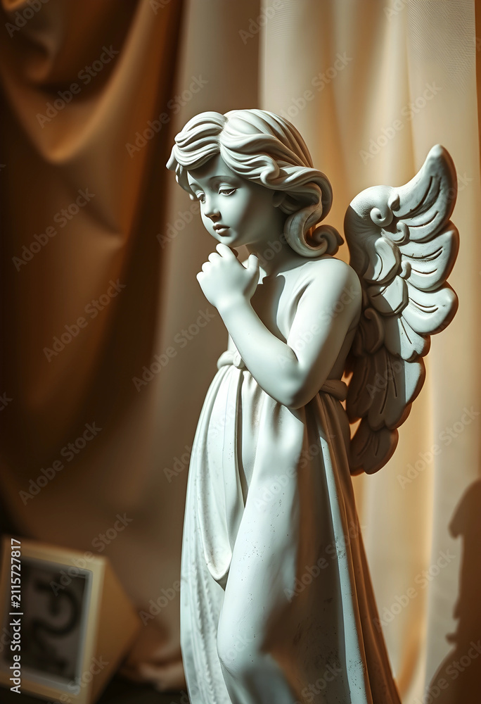 Fototapeta premium White angel statue with wings and thoughtful expression, spiritual and religious art, hope and guidance