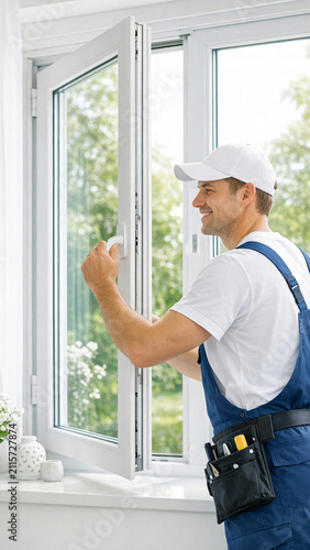 A man wearing overalls working on the window frame.