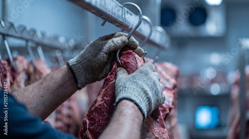 Butcher hands hanging raw beef meat on industrial hooks in meat processing plant cold storage