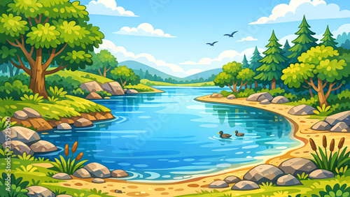 Sweet illustration of a serene lake with a sandy shore, clear water, and nature's beauty.
