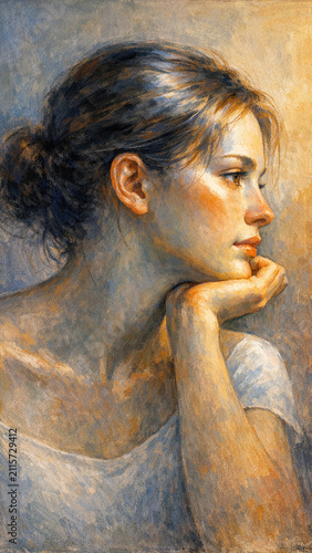 An impressionist portrait painting of a woman gazing into the distance, capturing her contemplative expression and the soft glow around her.