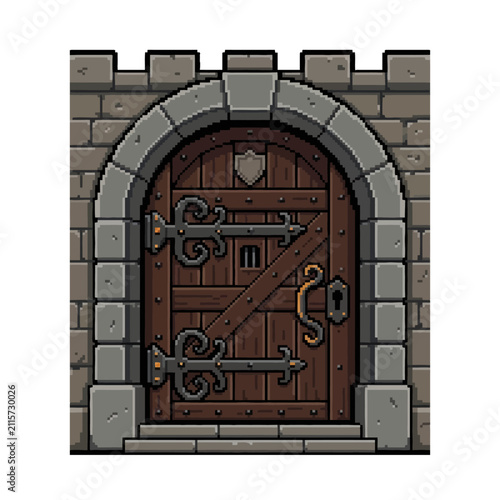 Medieval castle wooden door with stone archway