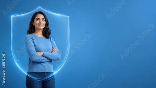 Confident Adult Protected by Translucent Shield on Blue Background