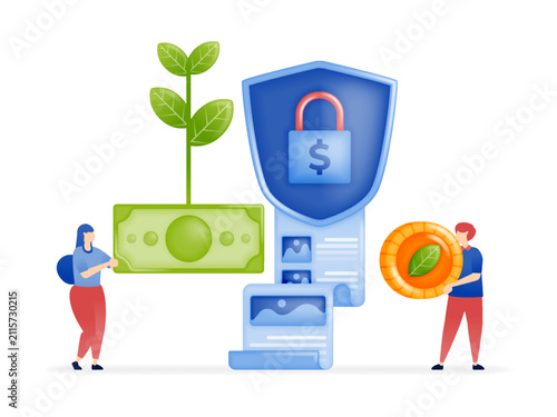 Shield and padlock with dollar sign for eco-friendly sustainable financial and banking system that is safe and protected, illustration for green finance