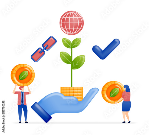Hands holding coins and sprouting leaves with internet checkmarks and link symbols for eco-friendly financial companies, illustration for green concept