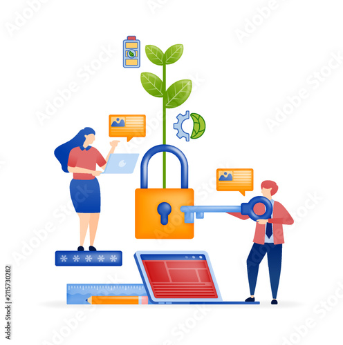 Padlock with sprouting leaves for sustainable eco-friendly security with key and password for secure trusted corporate commitment, illustration vector