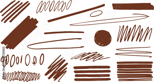A collection of brown hand-drawn scribbles, underline swooshes, highlighter strokes, and sketchy texture doodles isolated on a white background.