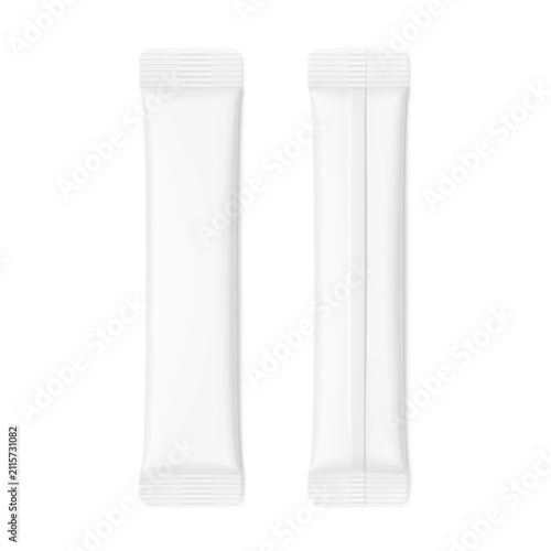 Blank package stick mockup for design, branding, presentation of  food, cosmetic, medicine products. Flat lay view. 3D hight realistic vector illustration isolated on white background. EPS10.